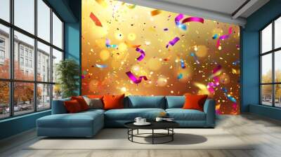 A festive and colorful party with flying neon confetti on a golden background Wall mural