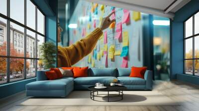 A professional design team working on an office wall with colorful sticky notes, focusing their attention and creativity to create innovative ideas for the next project plan or marketing campaign.  Wall mural