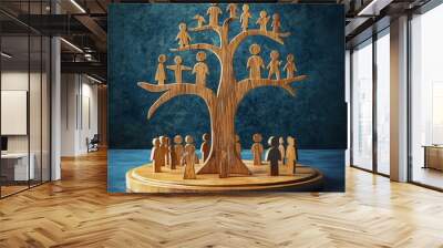 Business image of wooden tree with people icons over blue table human resources and management concept. Wall mural