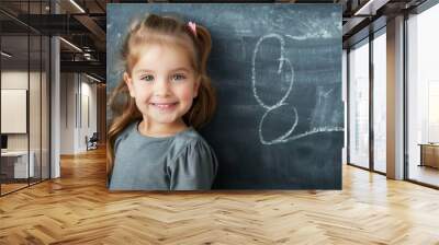 Cheerful smiling child at the blackboard. Wall mural