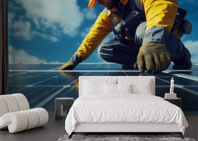 Close up of man technician in work gloves installing stand-alone photovoltaic solar panel system under beautiful blue sky with clouds. concept of alternative energy and power sustainable resources. Wall mural