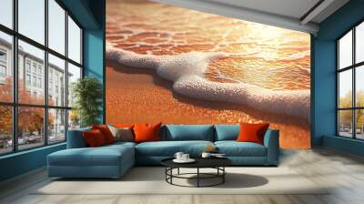 Closeup sea sand beach. panoramic beach landscape. inspire tropical beach seascape horizon. orange and golden sunset sky calmness tranquil relaxing sunlight summer mood. vacation travel holiday banner Wall mural