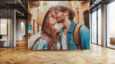 Couple of lovers kissing on city street - Two tourists enjoying romantic vacation together - Boyfriend and girlfriend dating outside - Love, tourism and life style concept Wall mural