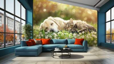 Cute dog and cat lying together on a green grass field nature in a spring sunny background Wall mural