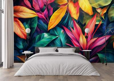 Exotic plants in bold rainbow colors. tropical layout mockup. background with painted leaves. minimal colorful jungle concept art. 3d render. Wall mural