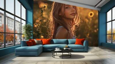 Freedom and healthy concept - beautiful young girl against sunset. Wall mural