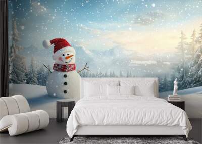 Merry christmas and happy new year greeting card with copy-space.happy snowman standing in christmas landscape.snow background.winter fairytale. Wall mural