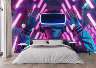 Metaverse virtual event future game entertainment digital technology . teenager having fun play vr virtual reality glasses sport game metaverse nft game 3d cyber space futuristic neon background. Wall mural