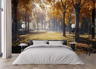 Panoramic sunny forest in autumn. Wall mural