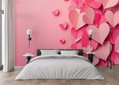 Pink cute hearts made of paper isolated on bright pink background flat lay composition. romantic paper-cut heart pattern valentines day concept minimalist backdrop. love wallpaper pastel colors. Wall mural