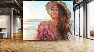 pretty woman wearing bohemian style outfit at beach Wall mural