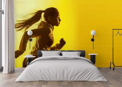 Sporty woman runner in silhouette on yellow background. photo of attractive woman in fashionable sportswear. dynamic movement. side view. sport and healthy lifestyle. A.I. Wall mural