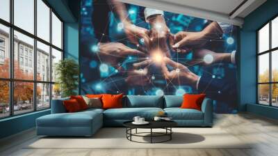 Teamwork and human resources HR management technology concept in corporate business with people group networking to support partnership, trust, teamwork and unity of coworkers in office vexel. Wall mural