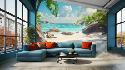 Vacation summer holidays background wallpaper - sunny tropical exotic caribbean paradise beach with white sand in seychelles island thailand style with palms and rocks. Wall mural