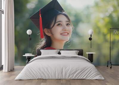 Young happy asian woman university graduate in graduation gown and cap in the college campus. education stock photo. Wall mural