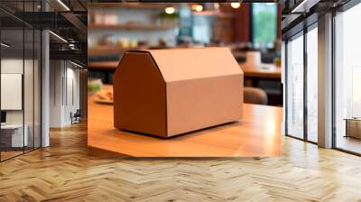 Brown cardboard box for food delivery with a rectangular shape and a triangular lid on a restaurant table. Blurred background with tables, chairs and barware. Food delivery concept. Wall mural