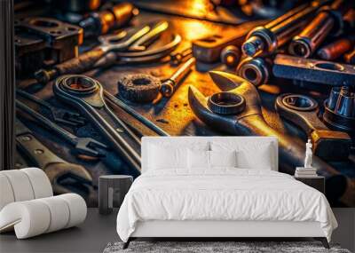 close ups of the mechanic s tools with dramatic light Wall mural