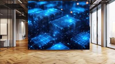 Abstract 3D Rendering of Glowing Blue Cubes with Circuitry and Bokeh Lights Wall mural