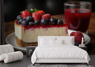 Slice of Cheesecake Topped with Berries and Raspberry Sauce Wall mural