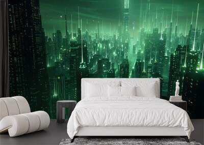 Futuristic Digital Cityscape in Green Glow: A futuristic city illuminated by vibrant green lights, illustrates the Futuristic Digital Cityscape in Green Glow. Wall mural