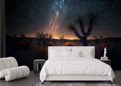 the milky and stars in a desert at night with cactus trees Wall mural