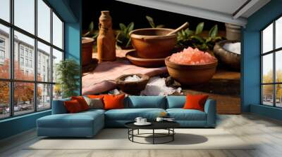 Concept spa treatment. Himalayan salt in a wooden bowl Wall mural