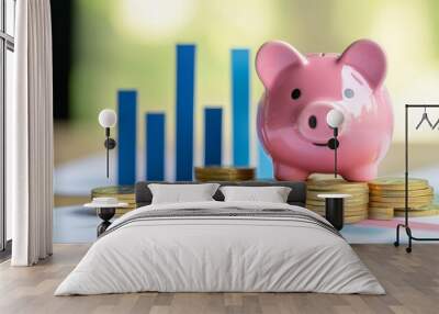 Pink piggy bank sits on stacked coins, symbolizing saving and financial growth against a blurred background. Wall mural