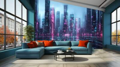 14. Futuristic urban landscape, AI integration, digital society, neon holograms Wall mural