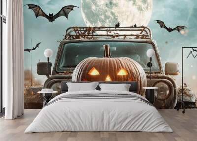 A close-up of a Halloween-themed safari vehicle, with a carved pumpkin on the hood and bats flying overhead against a full moon backdrop. The design leaves plenty of room for copy space. Wall mural