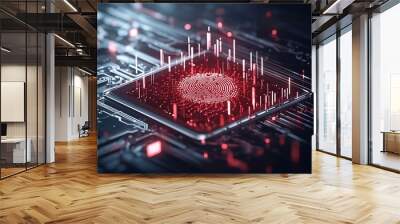 A digital fingerprint on a touchscreen with a red overlay, representing unauthorized access during a cyber attack. The clean, dark background provides ample copy space for security messages. Wall mural