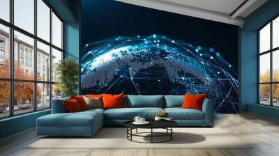 A glowing AI-powered communication network visualized as a web of light across a digital globe, symbolizing global connectivity Wall mural