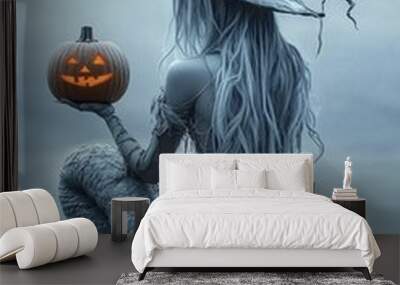 A mermaid with a witch's hat and a glowing jack-o'-lantern in her hand sits on a rock by the shore, with the moon casting an eerie light. The scene includes generous copy space for additional content. Wall mural