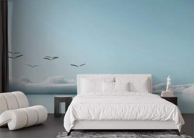 A minimalist 3D summer background with a clear blue sky, fluffy white clouds, and a few seagulls, leaving ample copy space for text. Wall mural