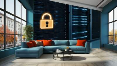 A modern server rack with a glowing digital padlock icon floating in front, representing secure data storage and protection against cyber threats, with clean copy space to the side. Wall mural