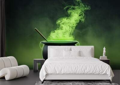 A neon light display of a cauldron bubbling with bright green neon light, with a dark background and significant copy space for additional content. Wall mural