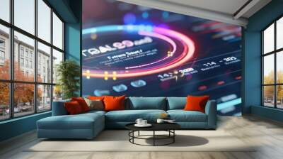 A sleek digital dashboard presents a credit report marked with bankruptcy, integrated into a futuristic financial evaluation system with neon-lit data points and analytics. The layout includes Wall mural