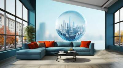 A transparent glass sphere with a glassmorphism effect, containing a miniature city inside, blending reality with fantasy, Wall mural