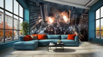 A wide-angle documentary photo showing the correlation between street protests and plummeting stock markets, a blend of riot scenes and financial graphs blending into each other Wall mural