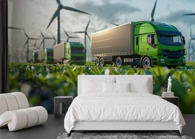 Against a backdrop of renewable energy infrastructure, electric vehicles designed for green logistics stand ready for deployment. The scene emphasizes the integration of sustainable transportation Wall mural