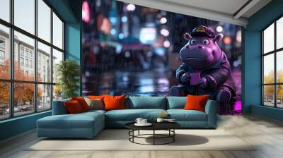 Baby hippo dressed as a detective, smirking, detailed 3D render, dark city alley setting with neon signs Wall mural