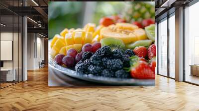 Crystal-clear image of a tropical fruit platter, cut fruits, dewdrops visible, Wall mural