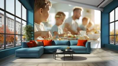 Educators eating dinner with family at home, focus on facial expressions, relaxed atmosphere, natural light, home environment, Editorial Photography style Wall mural