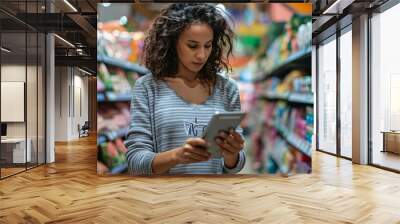 Entrepreneur meticulously counting stock in a small retail store, using a tablet to track inventory and ensure everything is accounted for Wall mural