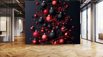 Red and black Christmas tree with glowing ornaments, 3D illustration Wall mural