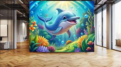 A cheerful, stylized dolphin with a bright smile and shiny blue scales swims in a playful, stylized ocean Wall mural