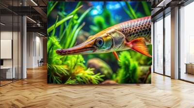 A colorful gar fish swims near the surface of a well-planted aquarium, its long snout and vibrant scales reflecting the soft light of the tank's LED lights. Wall mural