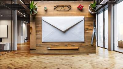 A crisp, white envelope with a professionally addressed label and securely sealed flap sits on a modern desk, surrounded by neatly arranged office supplies. Wall mural