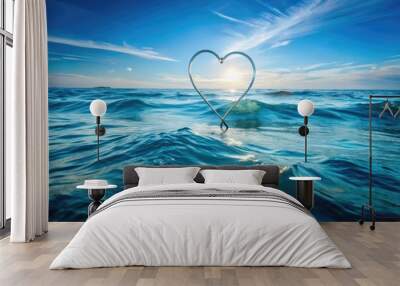 A delicate fish hook symbol forms a heart shape, suspended above calm ocean waves, conveying a sense of love, connection, and tranquility amidst the vast blue expanse. Wall mural