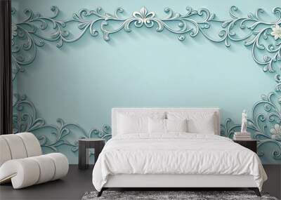 A delicate light blue ornate frame adornes a white page, featuring intricate floral patterns and curling vines, perfect Wall mural