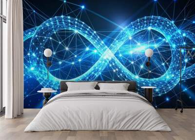 A futuristic illustration of interconnected blue and white nodes forming a stylized infinity loop, representing coding Wall mural